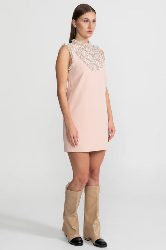Embellished Mini Dress with High Neckline