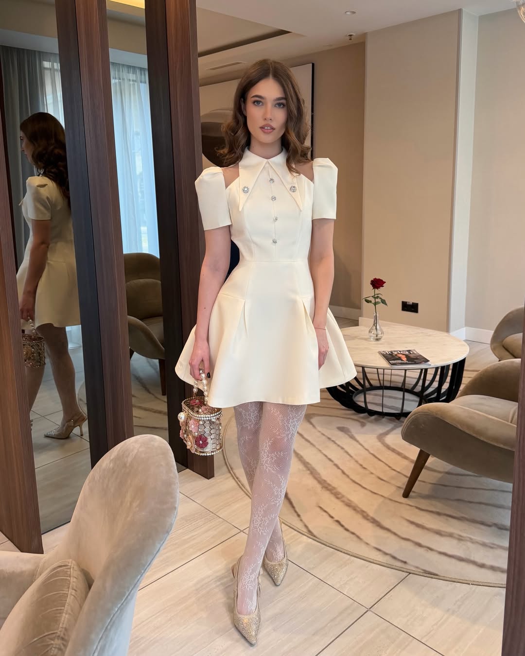 Vivienne — ivory mini dress with open shoulders