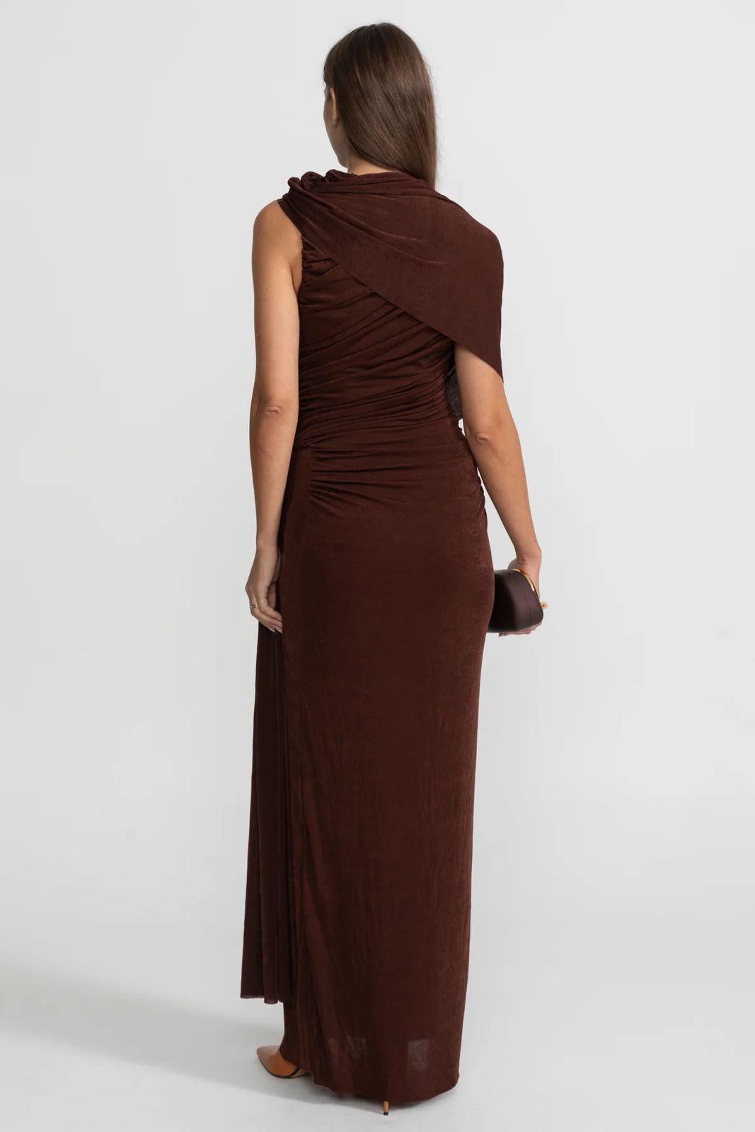 Morena Draped Asymmetric Long Dress Brown