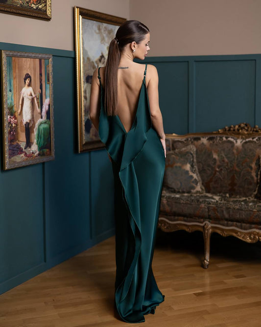 A-Mora Silk-Flow Back Draped Gown (Emerald)