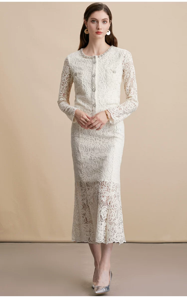 Elara Lace Midi Dress White