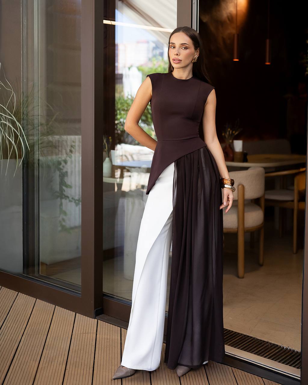 A-Mora Asymmetric Draped Top Chocolate