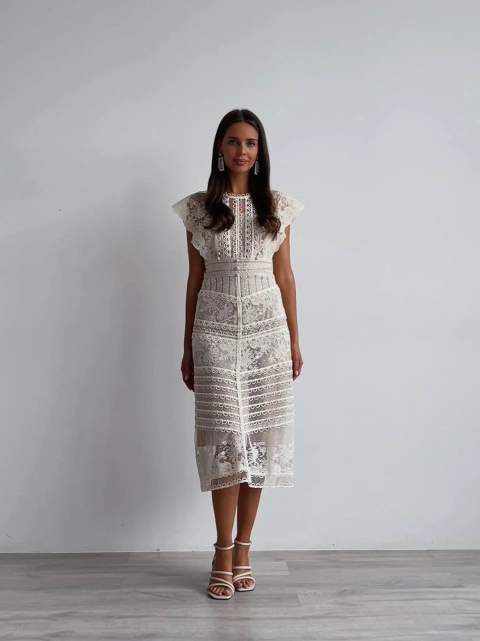 Embroidered Lace Midi Dress — Beige