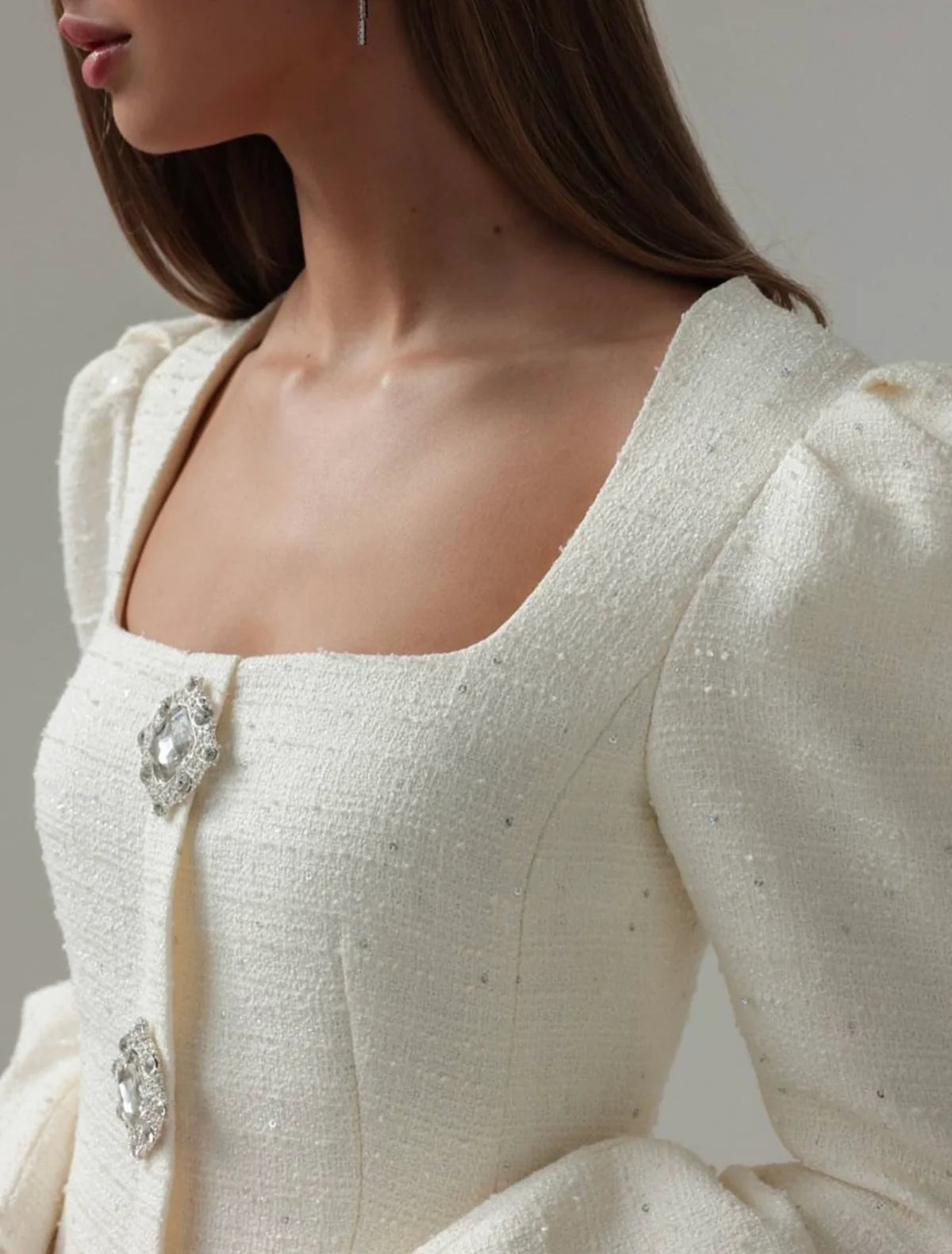 Crystal Button Tweed Mini Dress