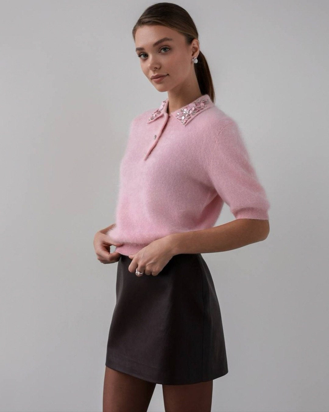 Embellished Collar Knit Top — Pink