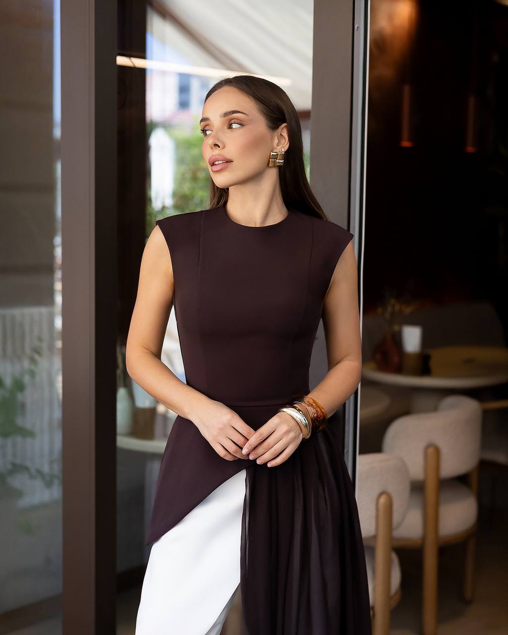 A-Mora Asymmetric Draped Top Chocolate