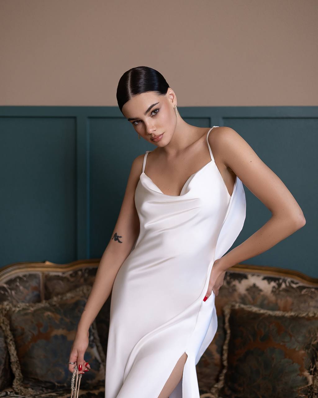 A-Mora Silk-Flow Back Draped Gown (White)