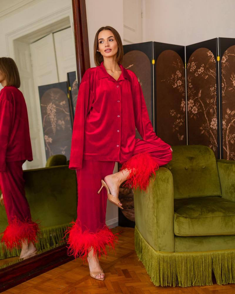 Velvet Feather Trim Two-Piece Set Red