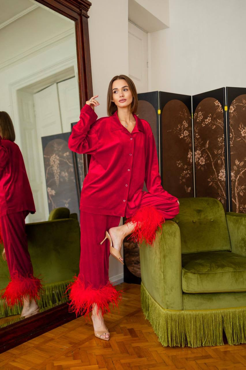 Velvet Feather Trim Two-Piece Set Red