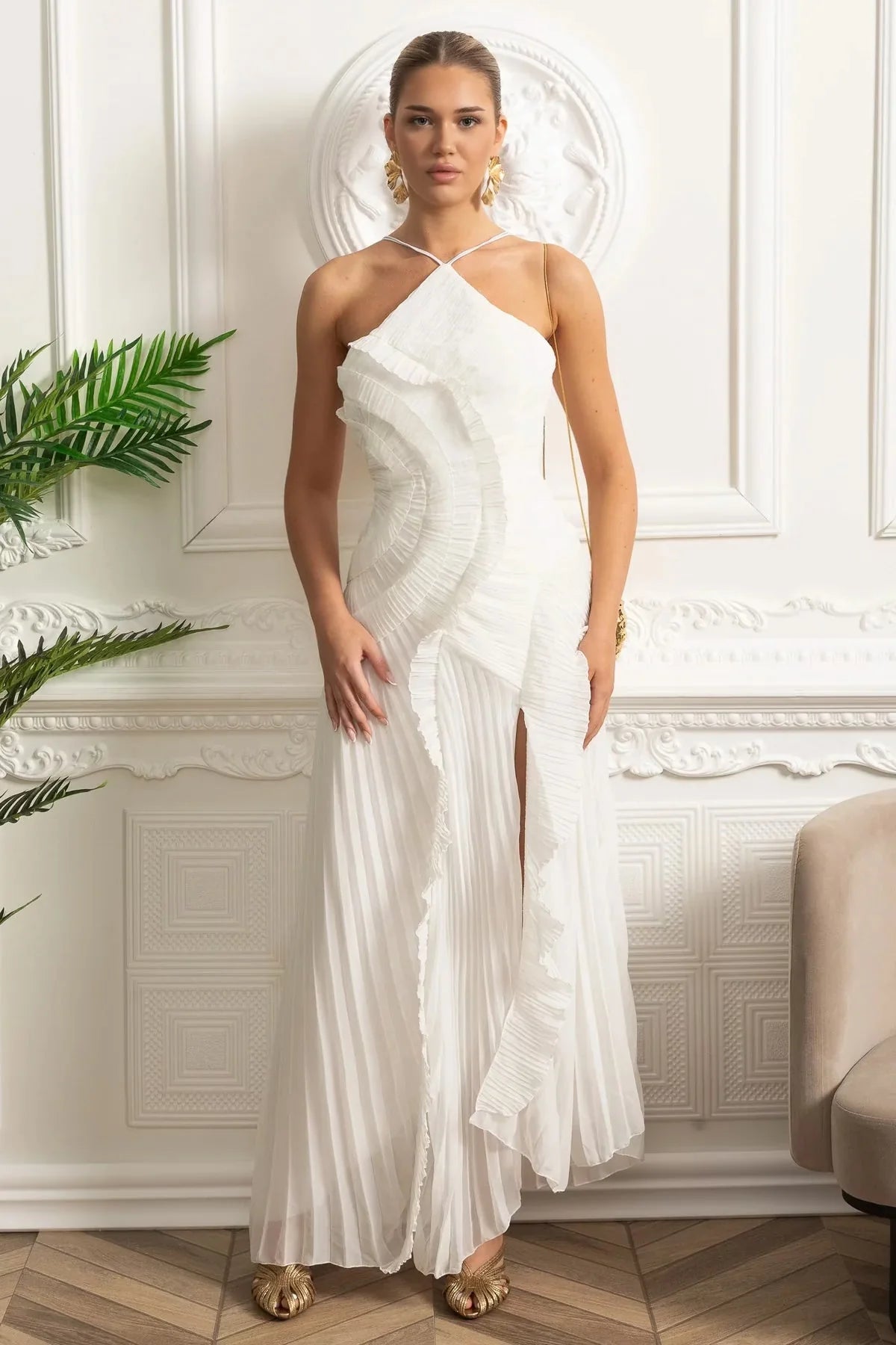 Rosete Pleated Ruffle Dress Milk