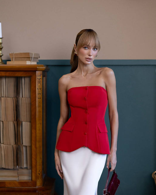 A-Mora Sculpted Button Corset Top (Red)