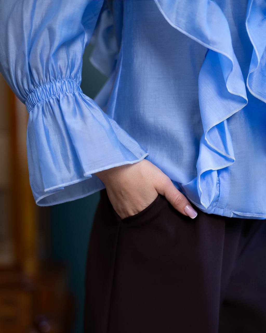 A-Mora Ruffled Sheer Chiffon Blouse Blue