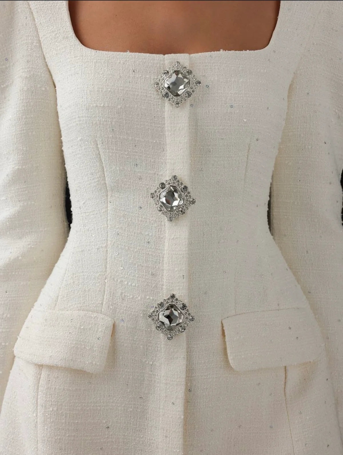 Crystal Button Tweed Mini Dress
