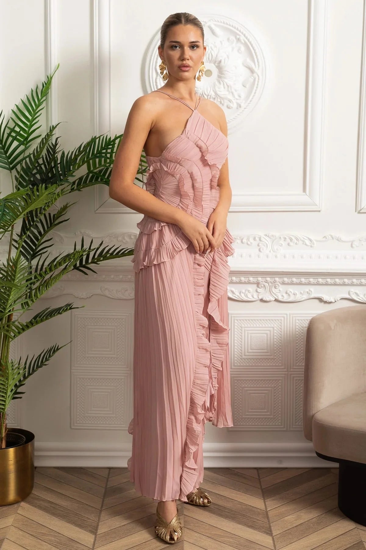 Rosete Pleated Ruffle Dress Milk Blush