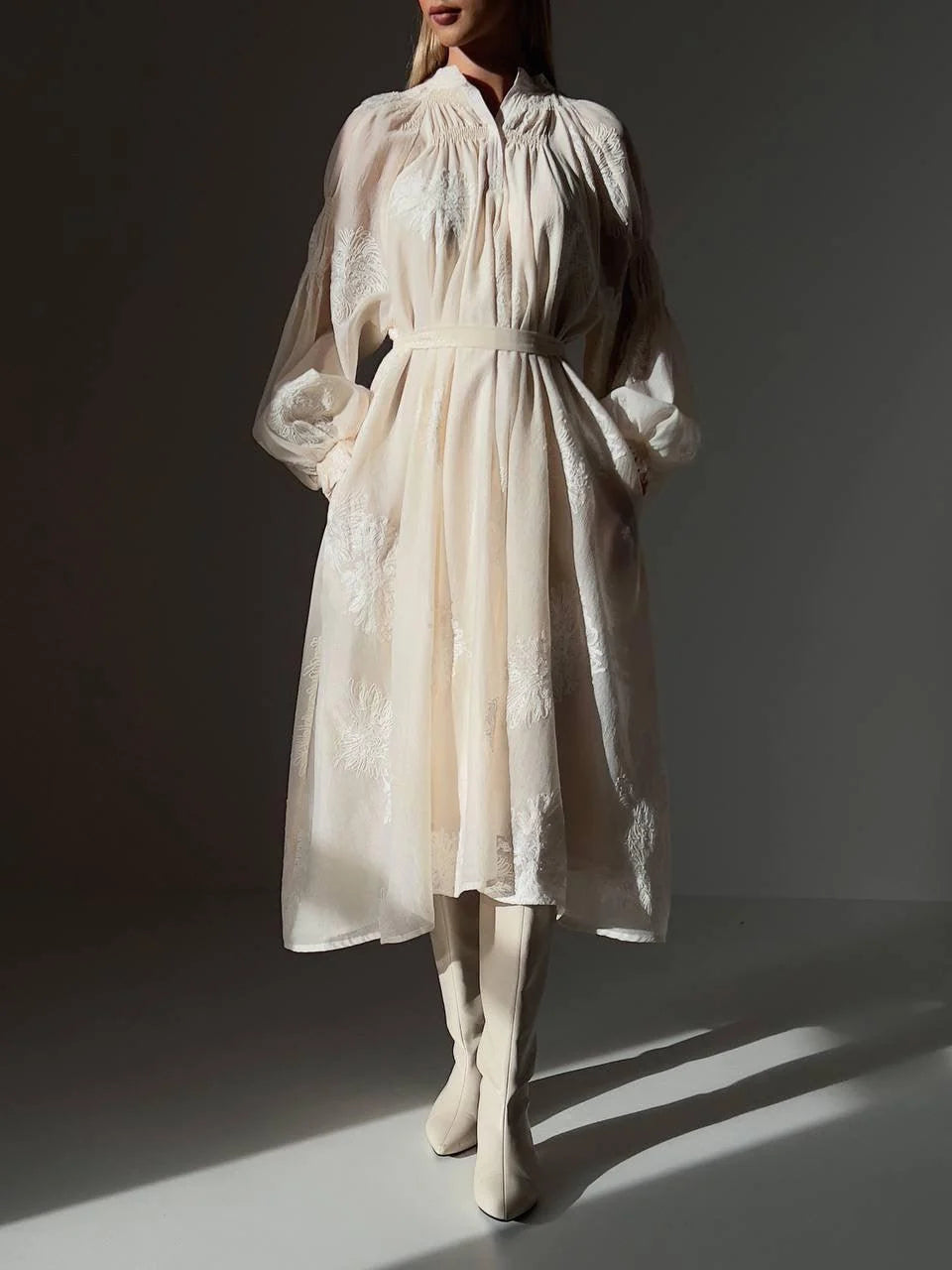 Embroidered Belted Maxi Dress — Beige