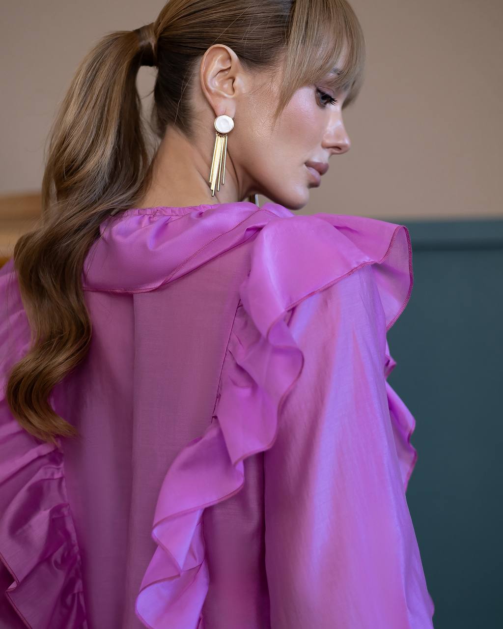 A-Mora Ruffled Sheer Chiffon Blouse (Pink)