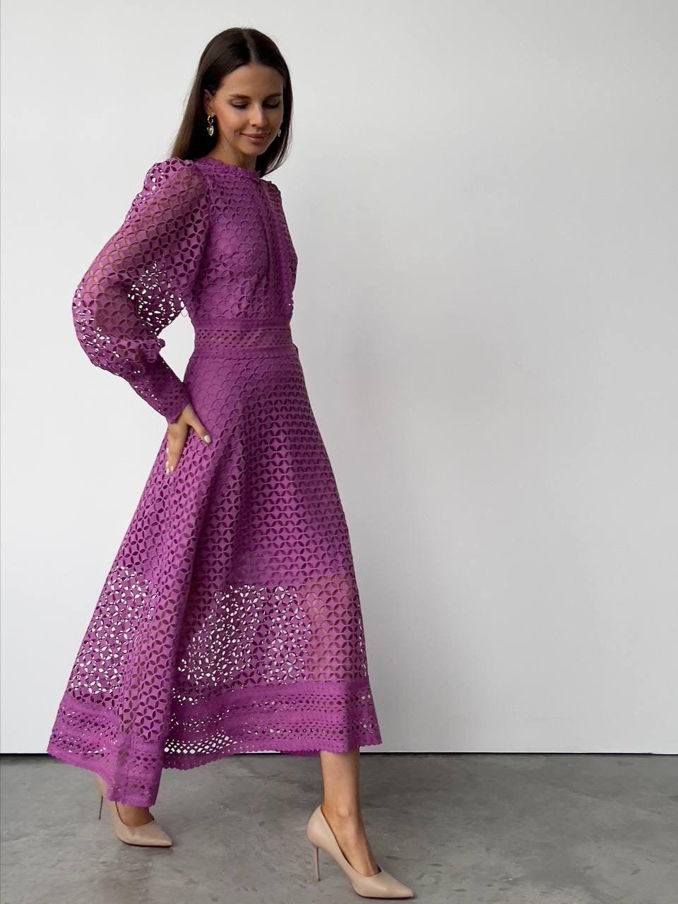Openwork Lace Midi Dress — Purple