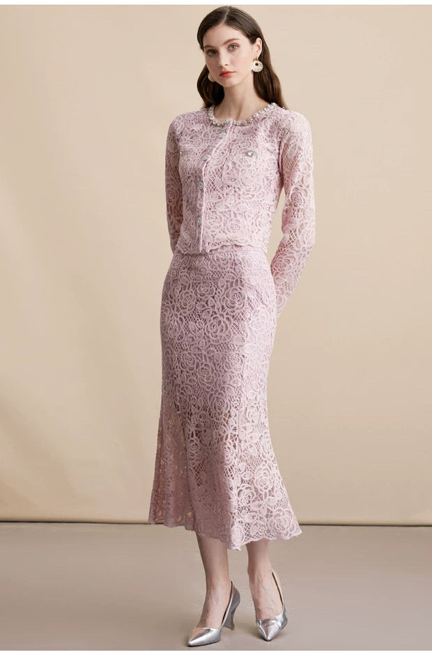 Elara Lace Midi Dress Blush