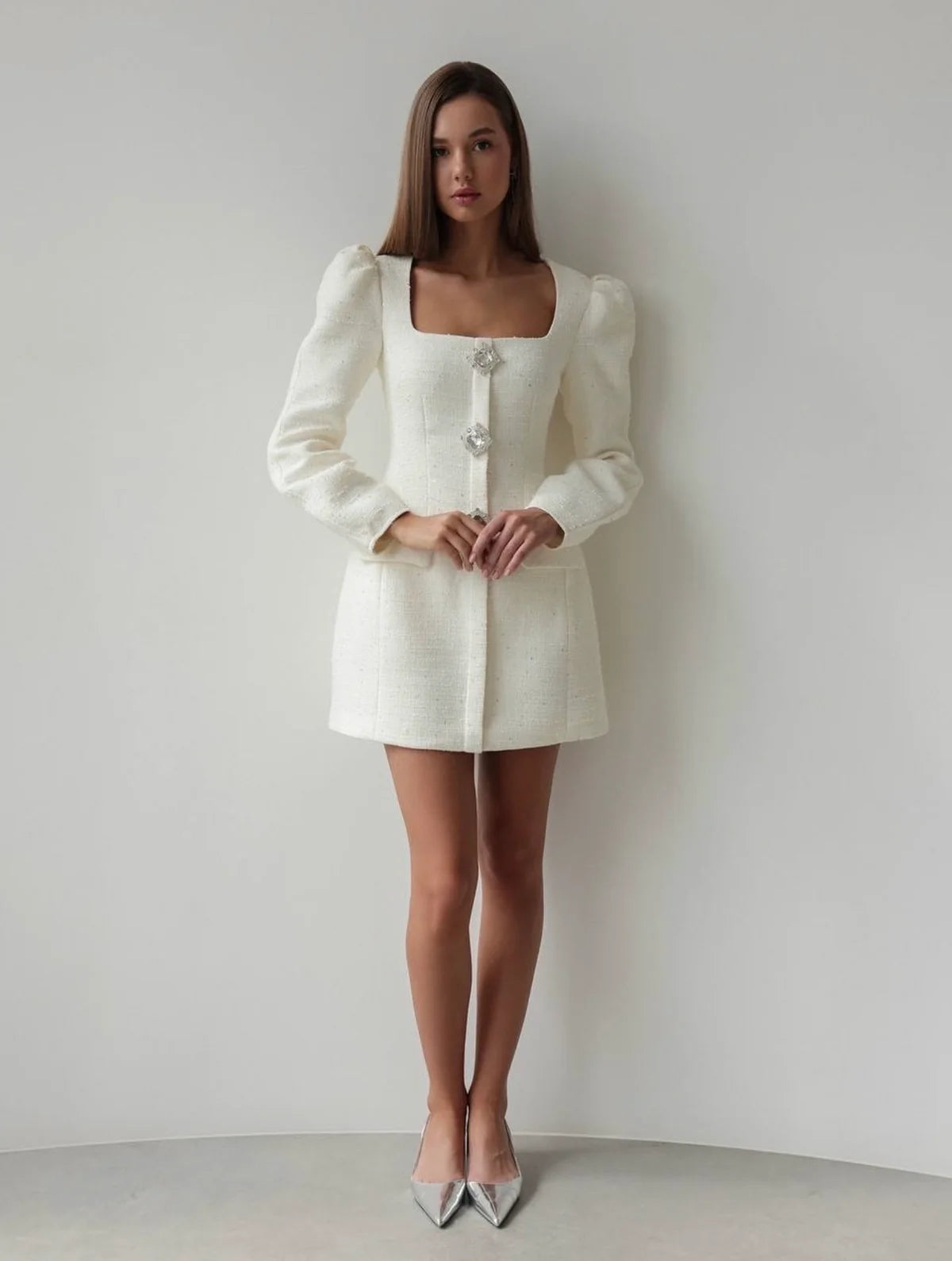 Crystal Button Tweed Mini Dress