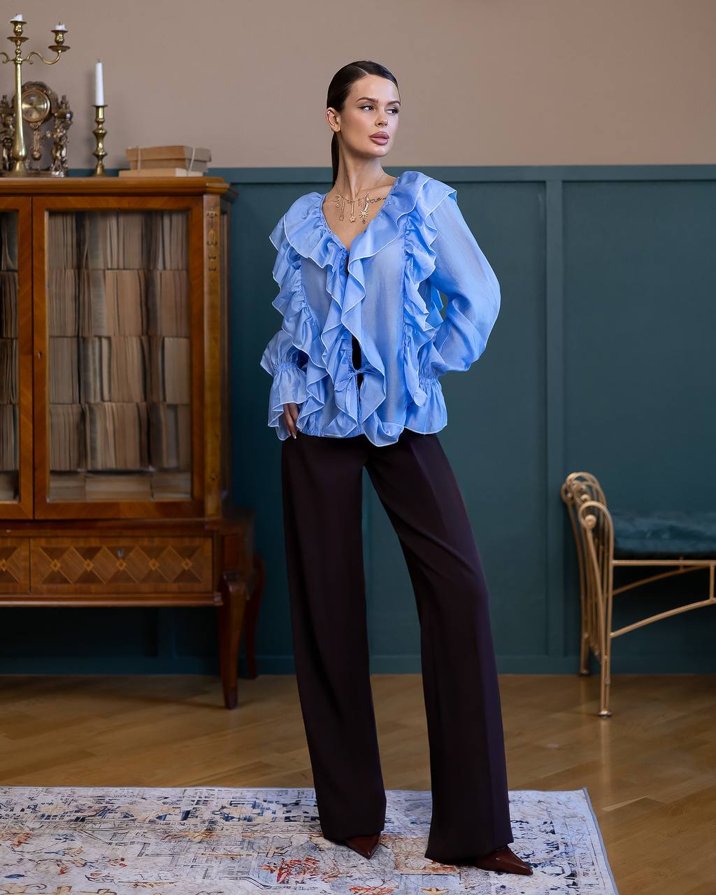 A-Mora Ruffled Sheer Chiffon Blouse Blue
