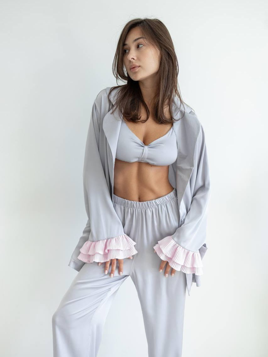 Aurora — silk lounge set with pink ruffles