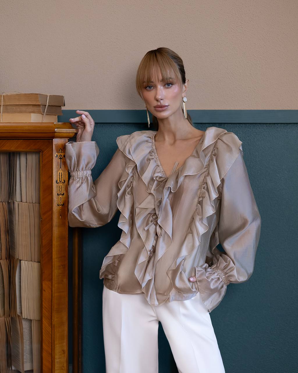 A-Mora Ruffled Sheer Chiffon Blouse (Mocca)