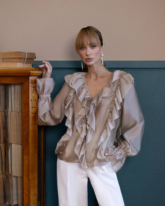 A-Mora Ruffled Sheer Chiffon Blouse (Mocca)
