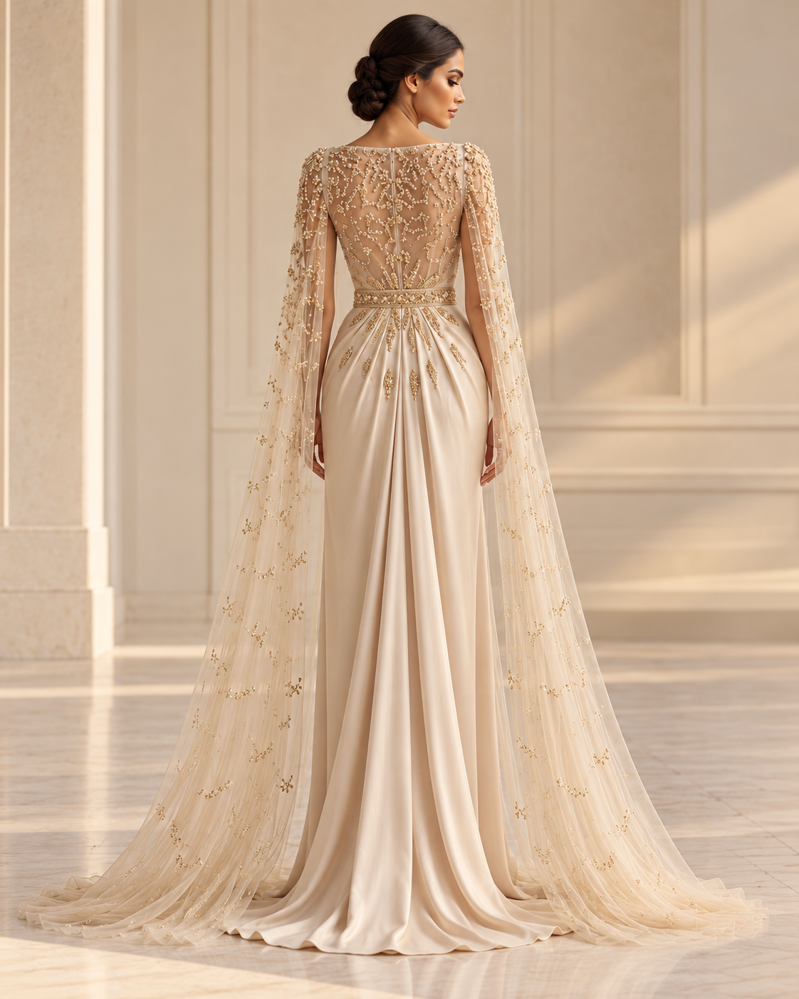 Beige Embellished Maxi Dress with Sheer Cape