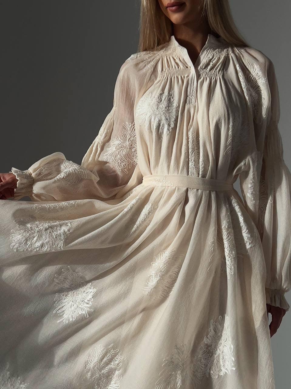 Embroidered Belted Maxi Dress — Beige