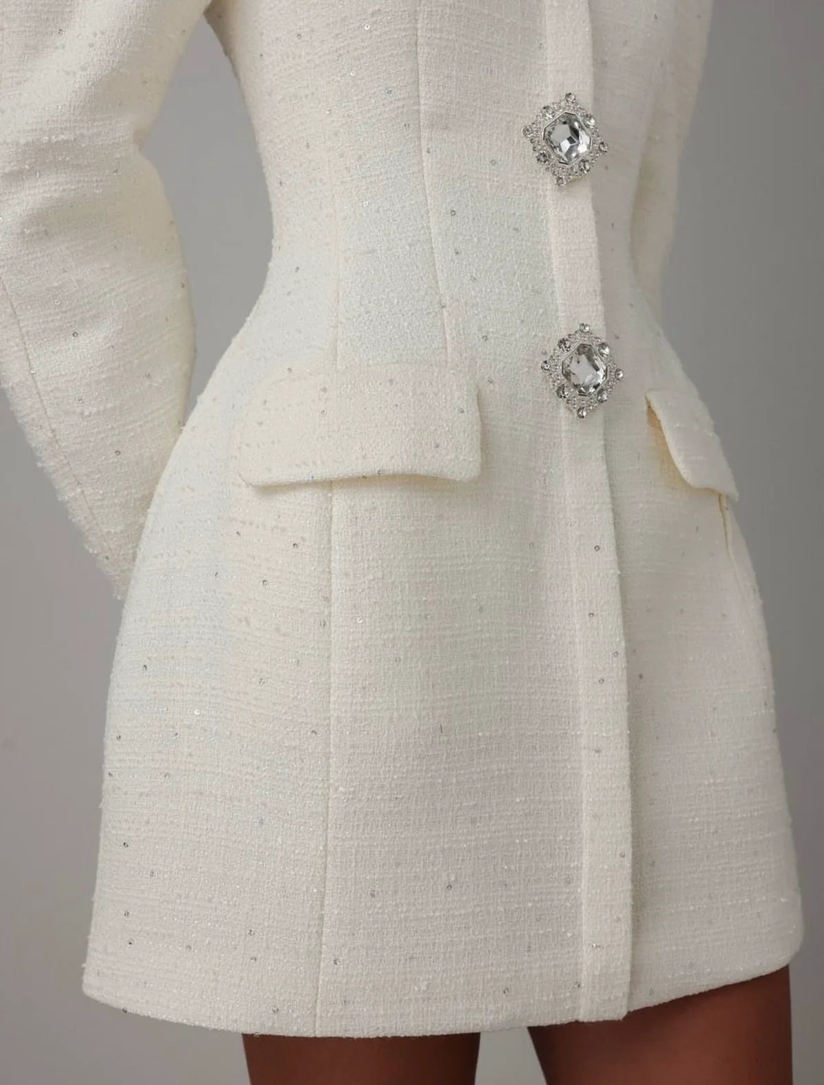 Crystal Button Tweed Mini Dress