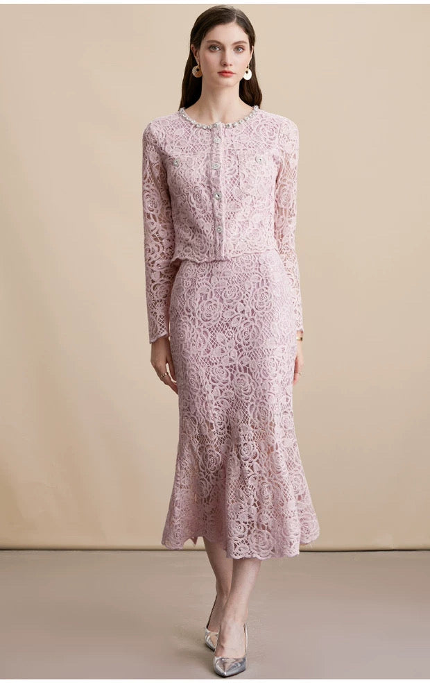 Elara Lace Midi Dress Blush