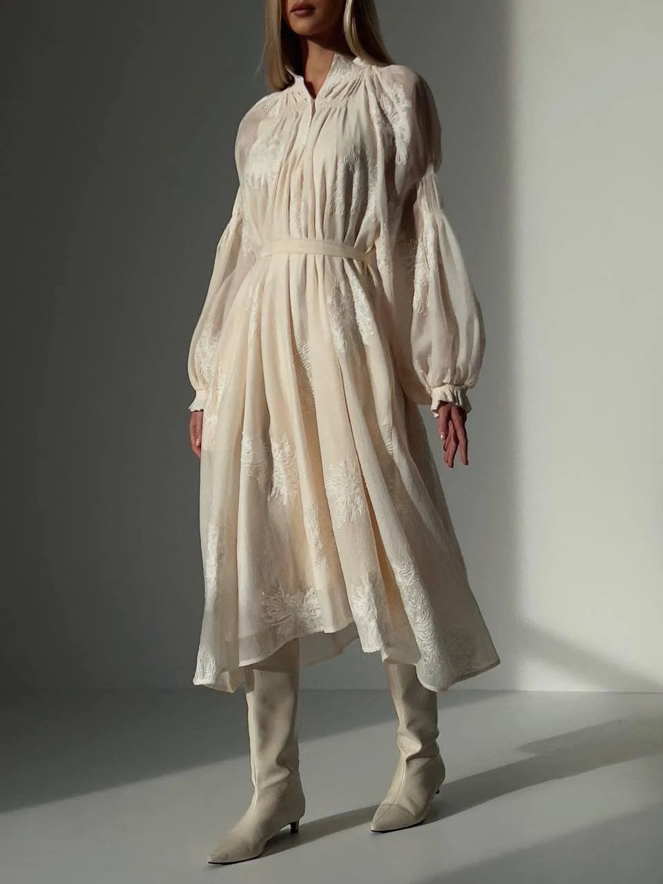 Embroidered Belted Maxi Dress — Beige