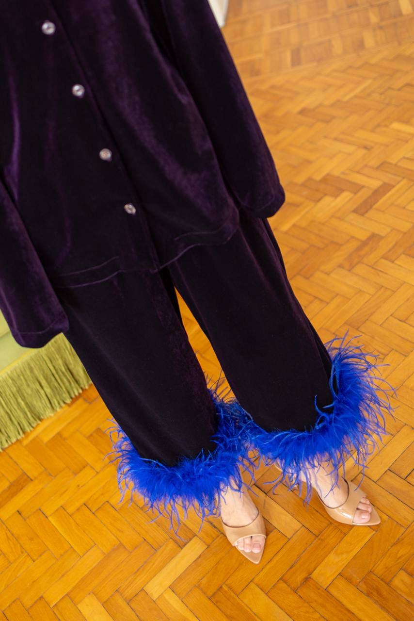 Velvet Feather Trim Two-Piece Set Purple