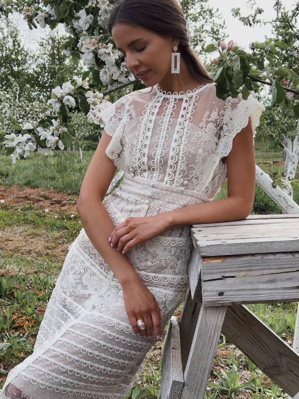 Embroidered Lace Midi Dress — Beige