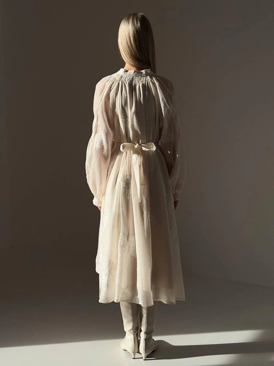 Embroidered Belted Maxi Dress — Beige
