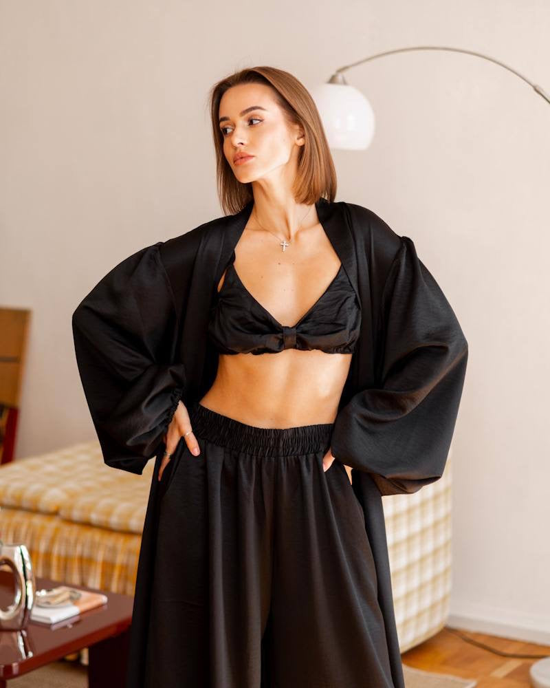 Elara — linen lounge set Black