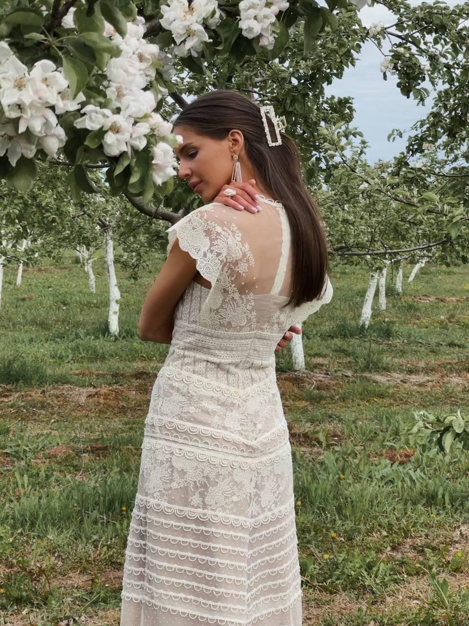 Embroidered Lace Midi Dress — Beige