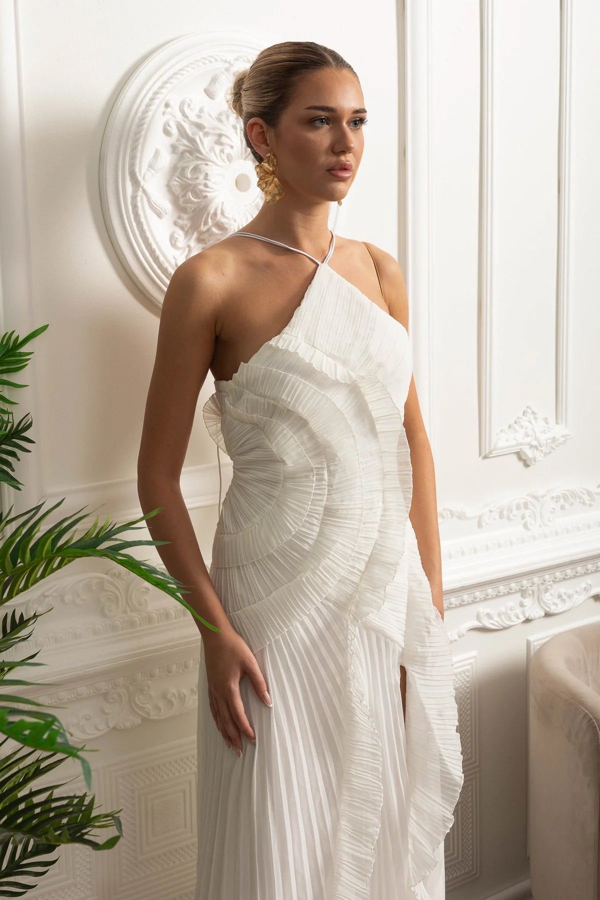 Rosete Pleated Ruffle Dress Milk
