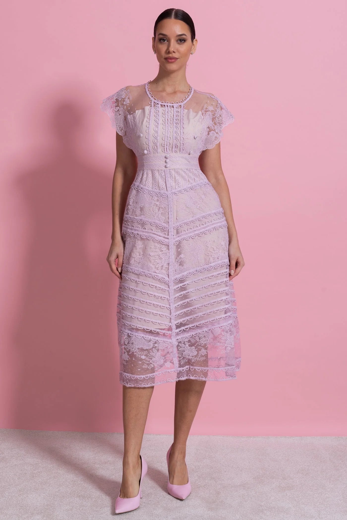 Amelie — pink lace midi dress