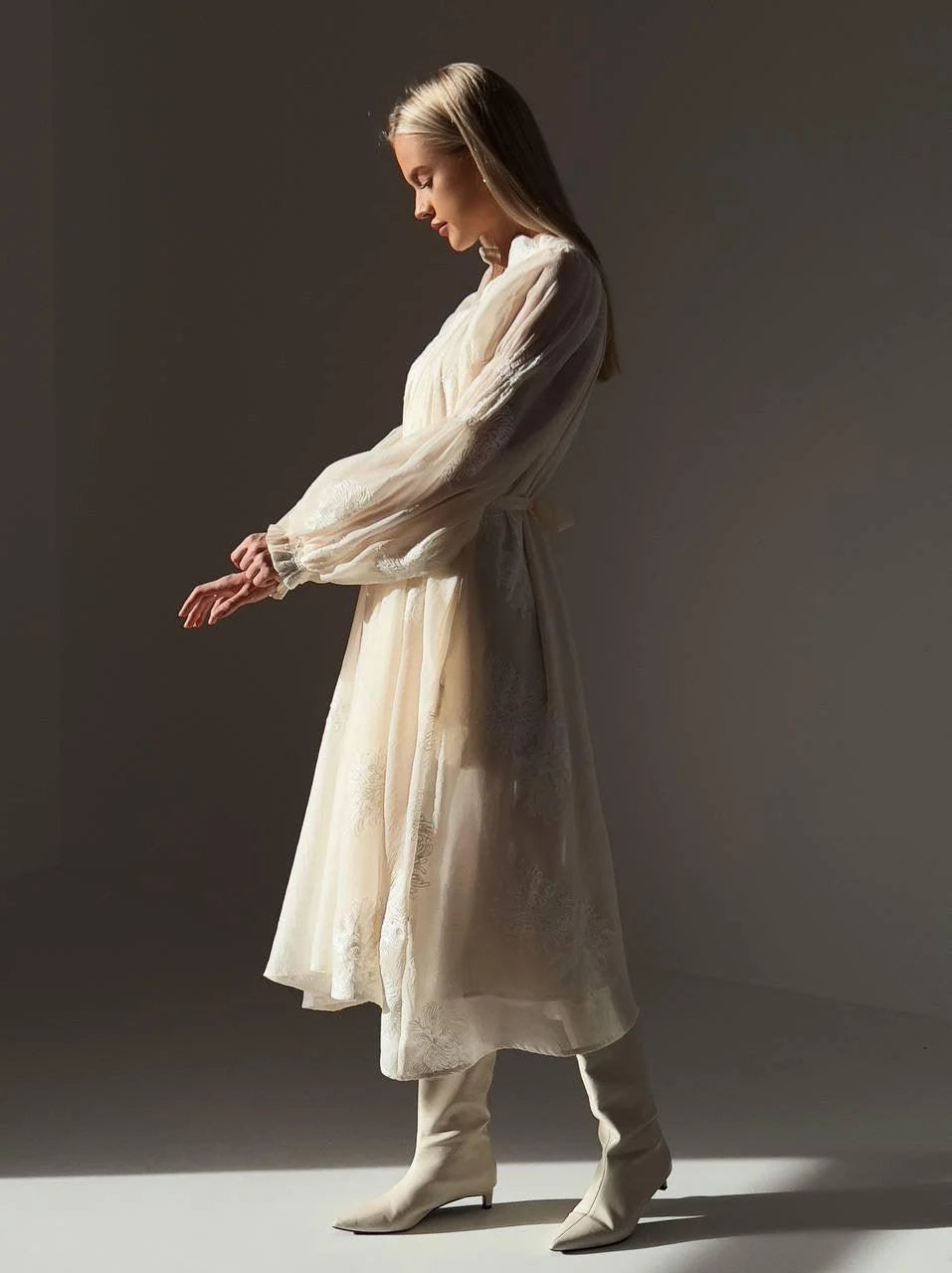 Embroidered Belted Maxi Dress — Beige