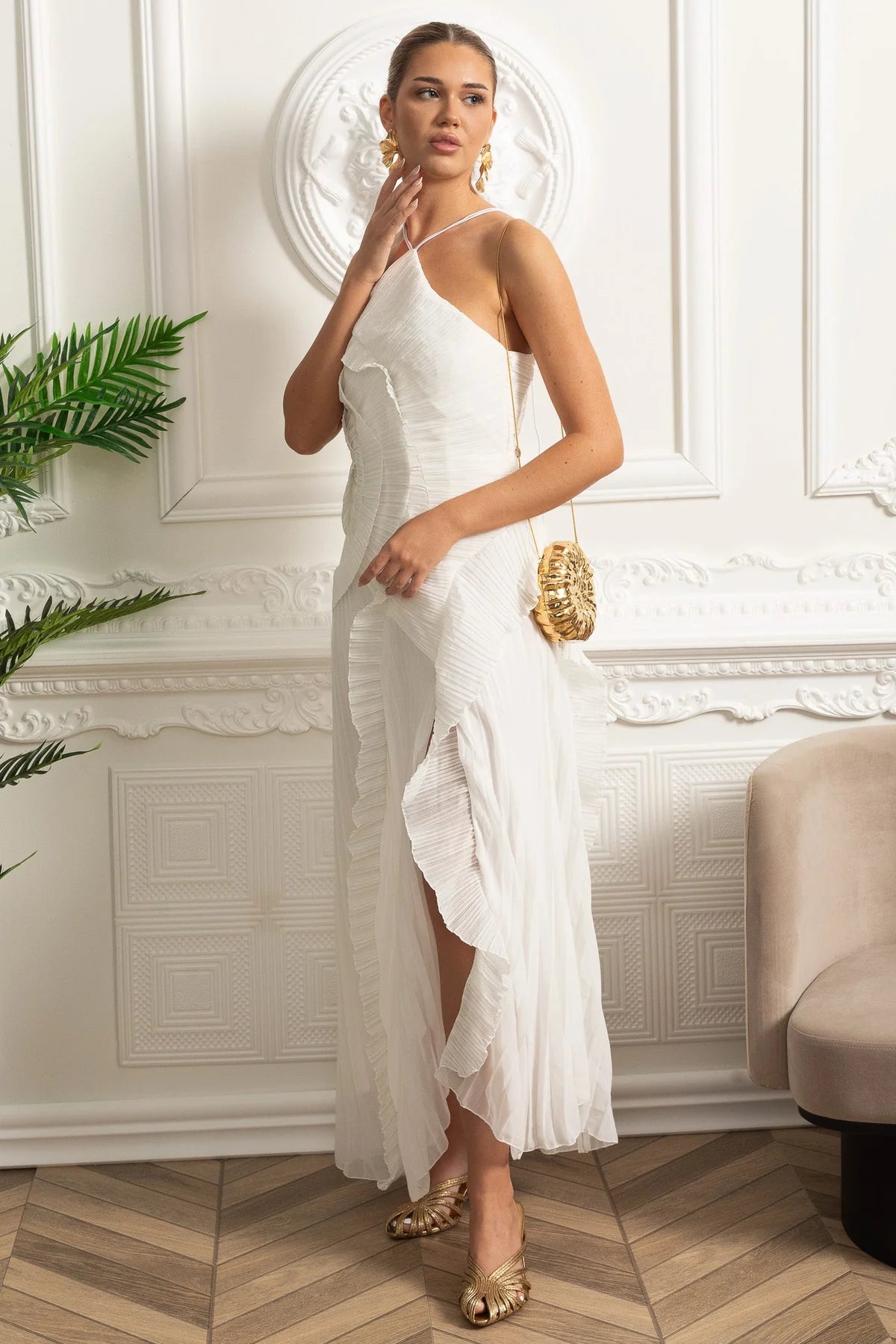 Rosete Pleated Ruffle Dress Milk
