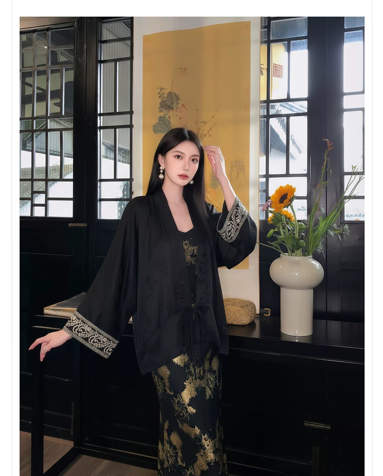 Black Embroidered Satin Kimono