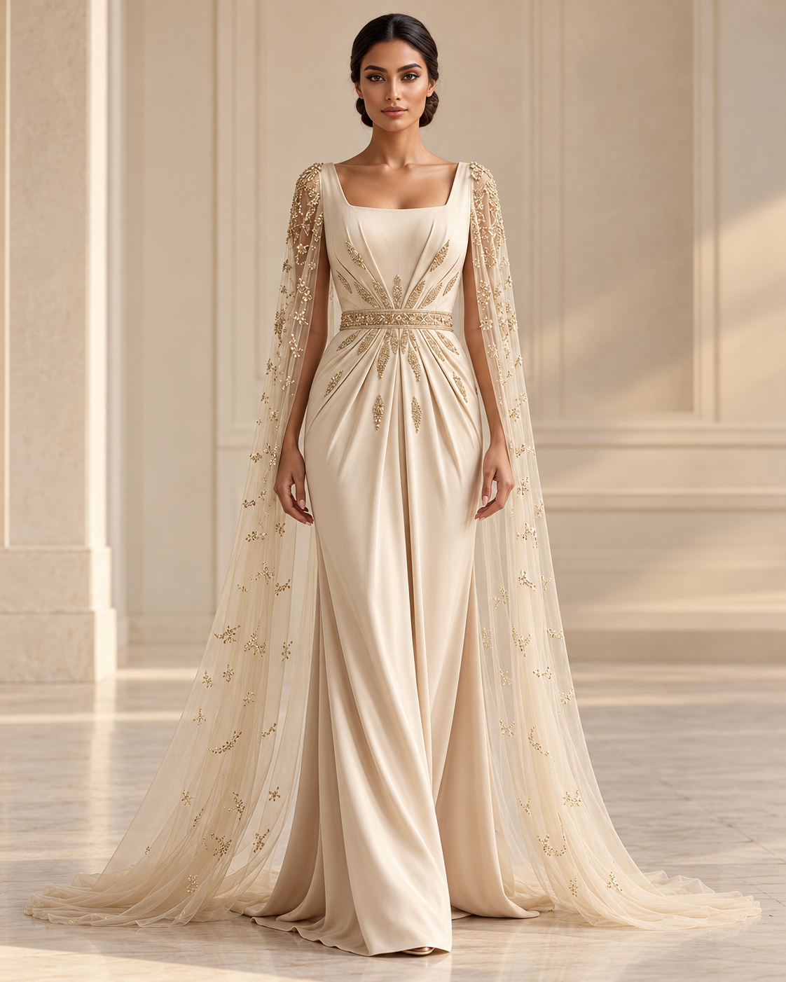 Beige Embellished Maxi Dress with Sheer Cape