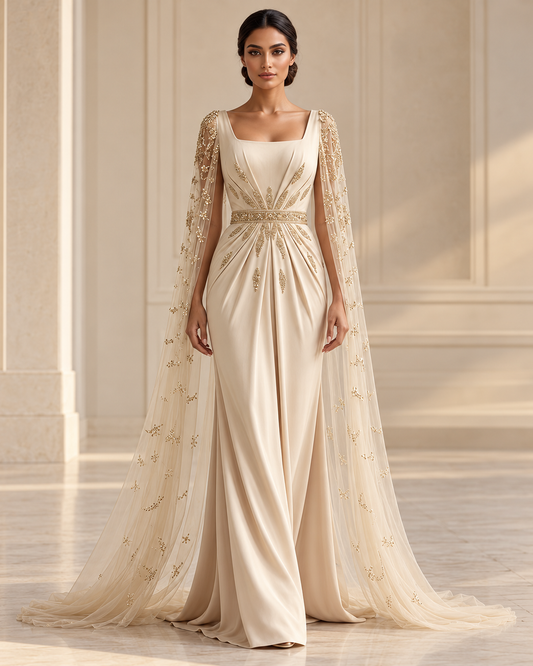 Beige Embellished Maxi Dress with Sheer Cape