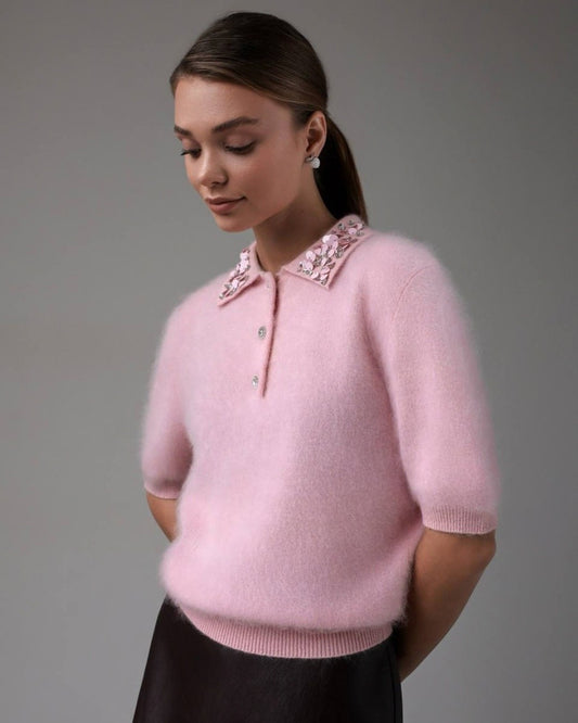Embellished Collar Knit Top — Pink