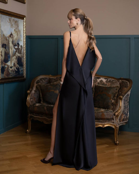 A-Mora Silk-Flow Back Draped Gown (Black)