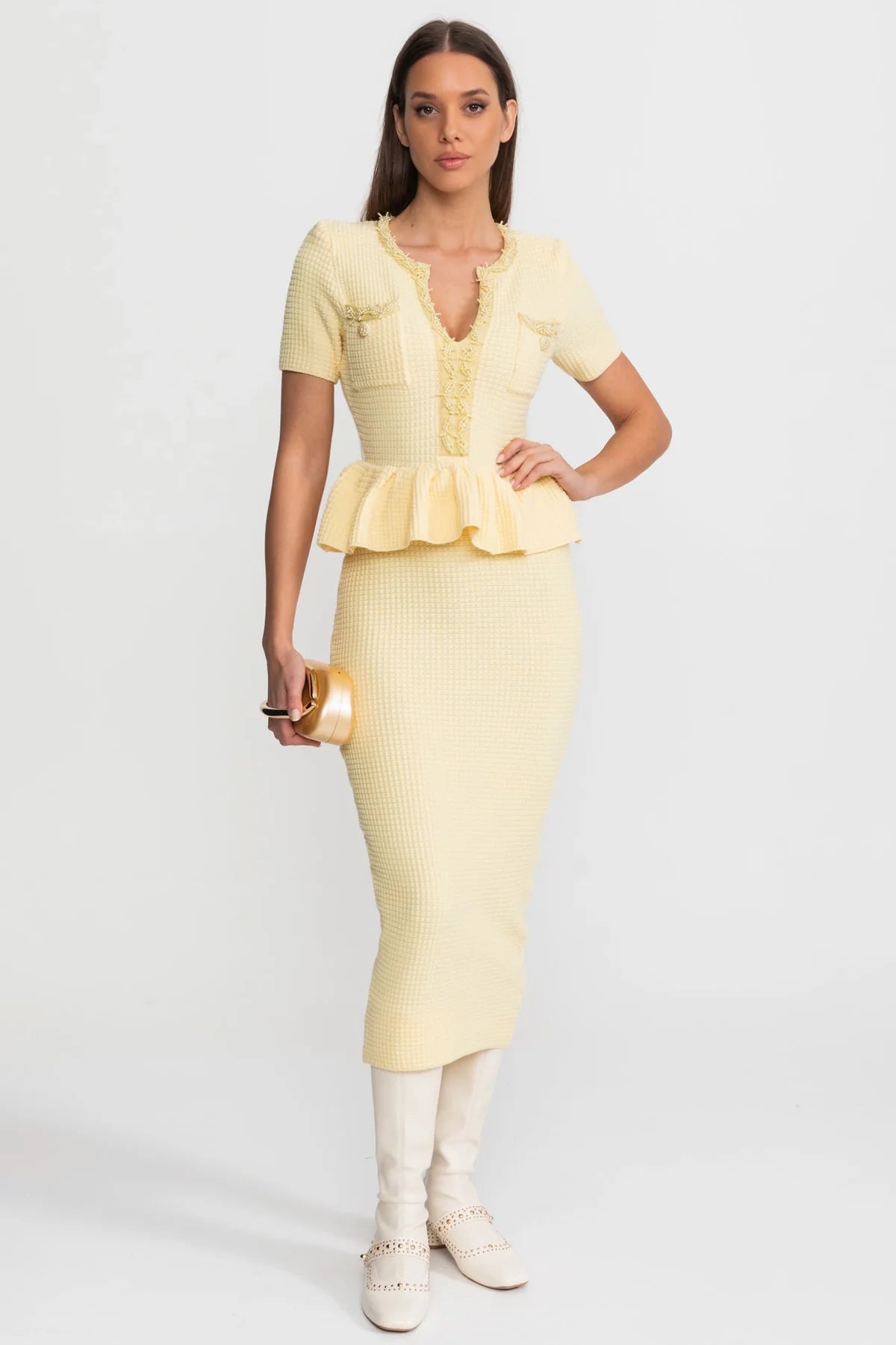 Rosalie yellow peplum midi dress