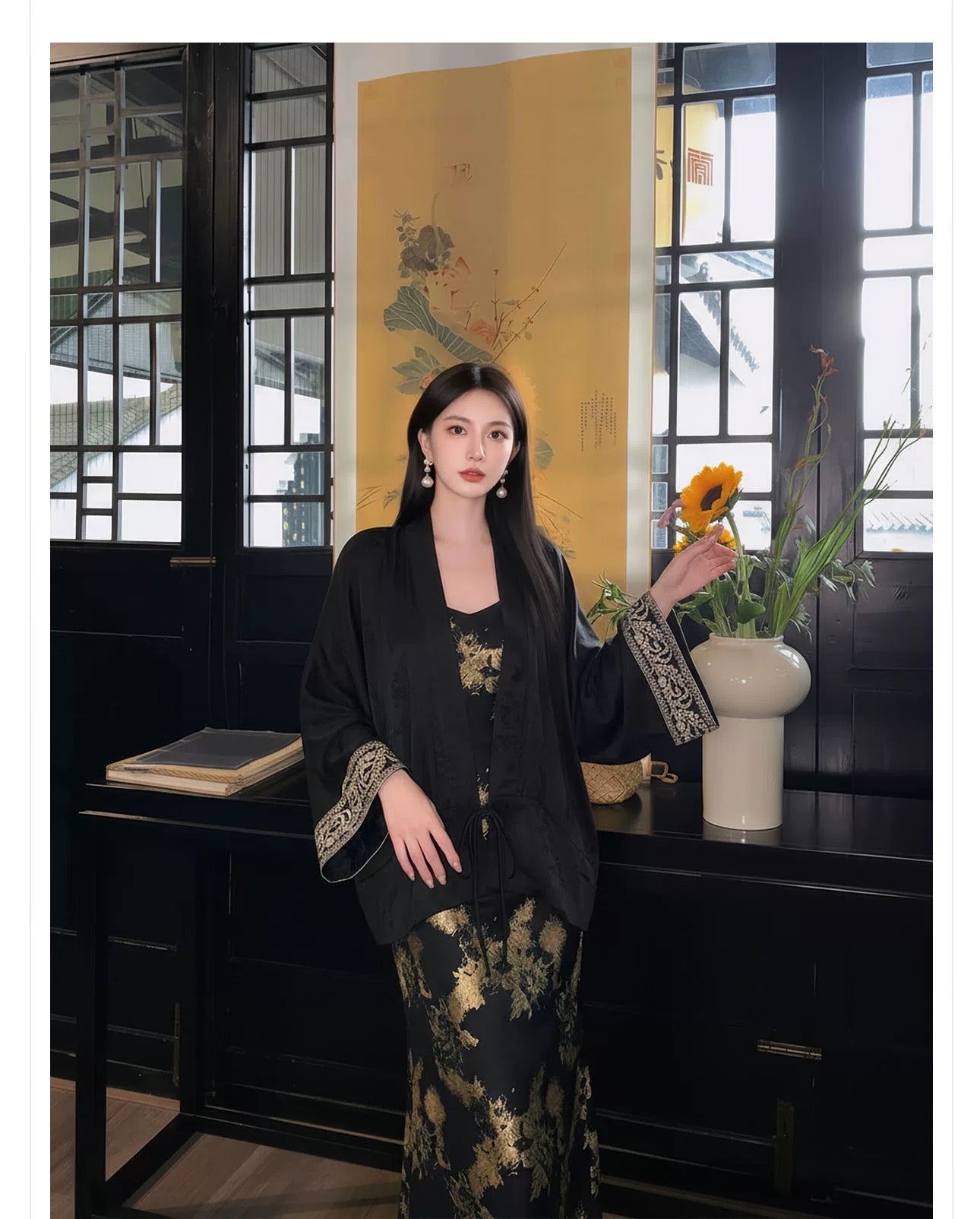 Black Embroidered Satin Kimono