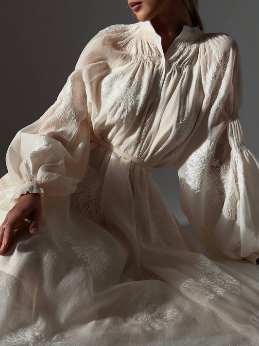 Embroidered Belted Maxi Dress — Beige