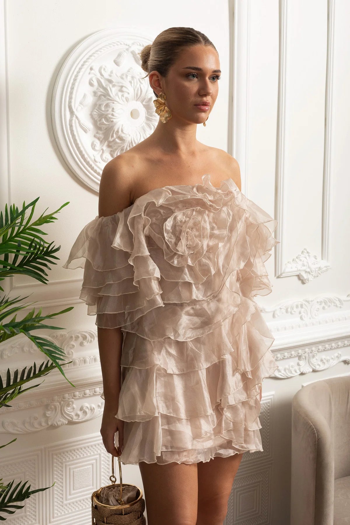 Rosalie Ruffle Mini Dress Champagne
